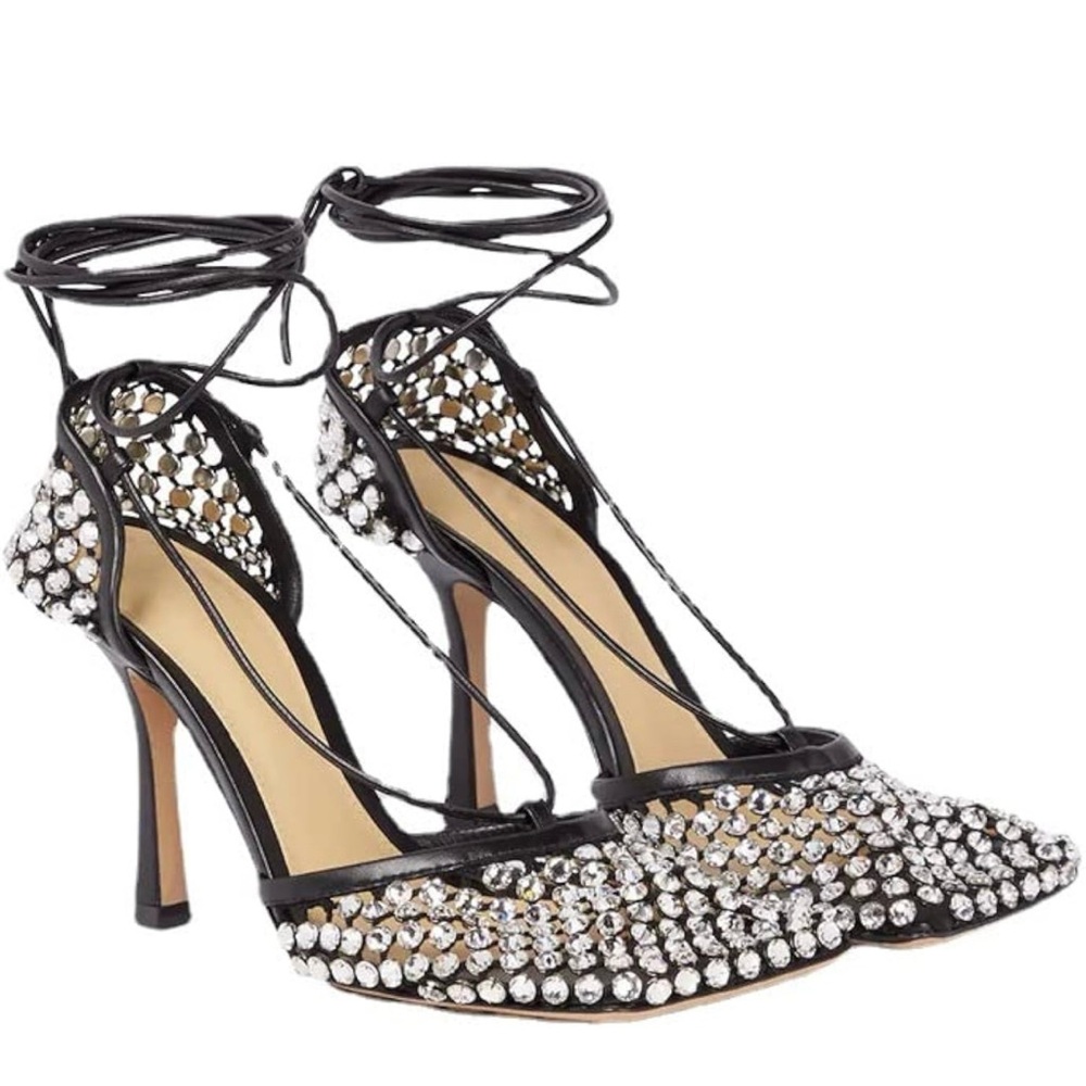 Lace-Up Fishnet Mid High Heel Sandals with rhinestones - Size 10